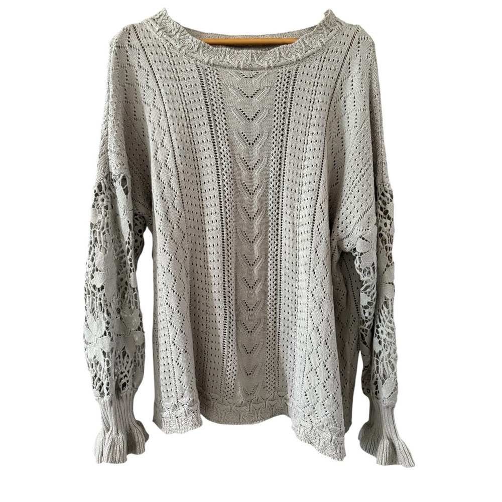 Gray Cable Knit Crew Neck Sweater with Lace Details